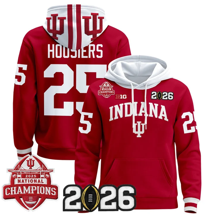 Men's Indiana Hoosiers 2025 National Champions & 2026 CFP Final Patch Premium Pullover Hoodie V2 CRIMSON#25 HOOSIERS