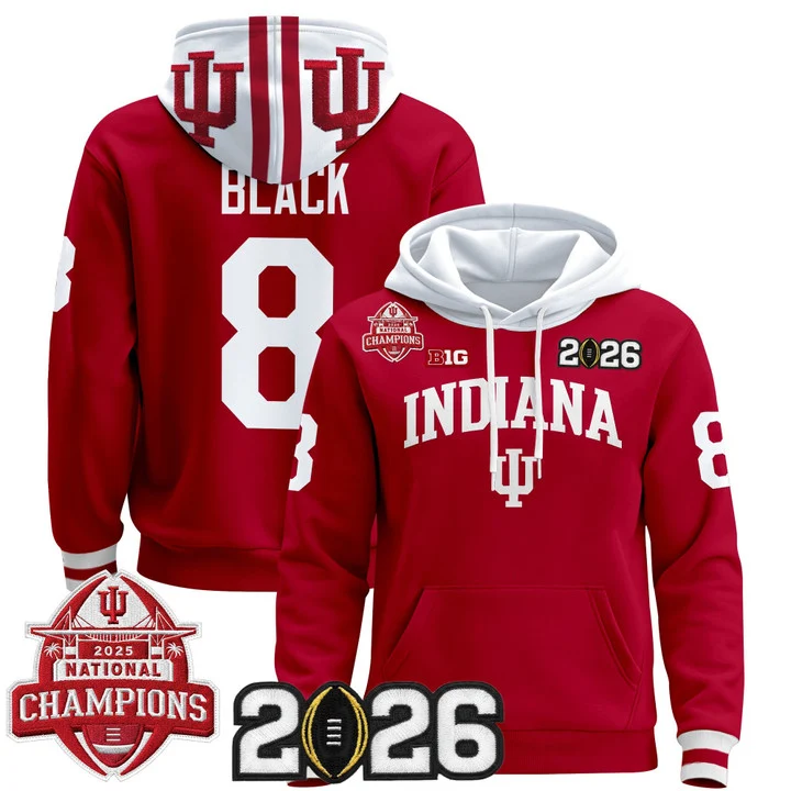 Men's Indiana Hoosiers 2025 National Champions & 2026 CFP Final Patch Premium Pullover Hoodie V2 CRIMSON#8 KAELON BLACK