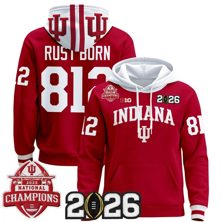 Men's Indiana Hoosiers 2025 National Champions & 2026 CFP Final Patch Premium Pullover Hoodie V2 CRIMSON#812 RUST BORN