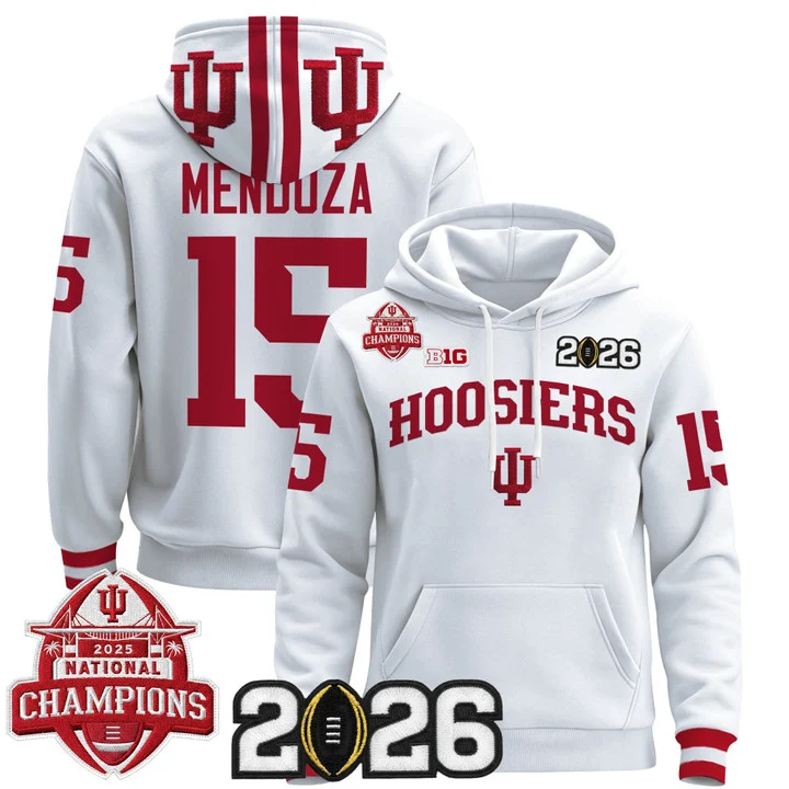Men's Indiana Hoosiers 2025 National Champions & 2026 CFP Final Patch Premium Pullover Hoodie V2 WHITE#15 FERANDO MENDOZA