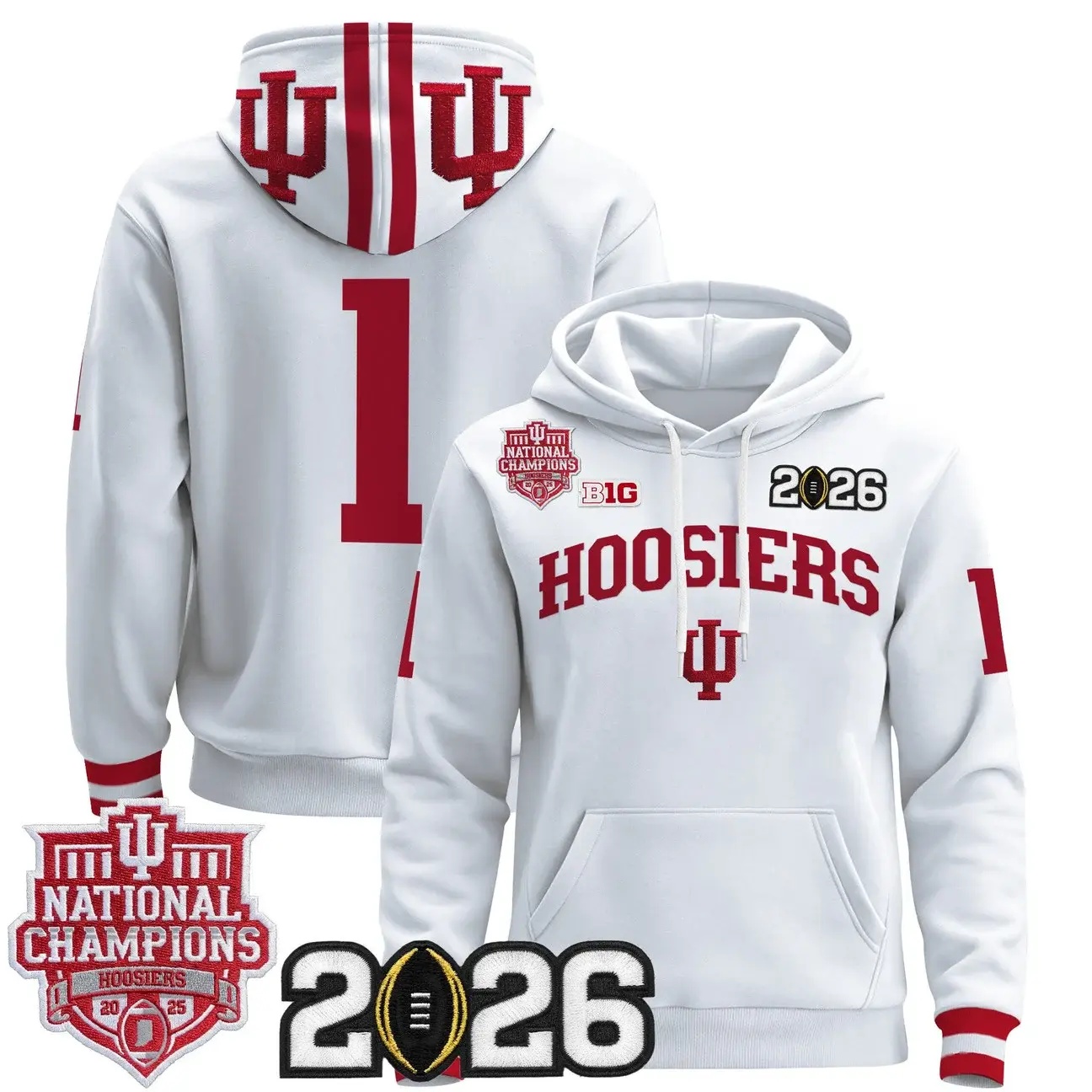 Men's Indiana Hoosiers 2025 National Champions & 2026 CFP Final Patch Premium Pullover Hoodie WHITE #1