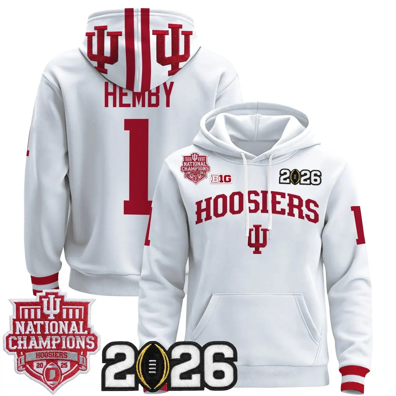Men's Indiana Hoosiers 2025 National Champions & 2026 CFP Final Patch Premium Pullover Hoodie WHITE #1 ROMAN HEMBY