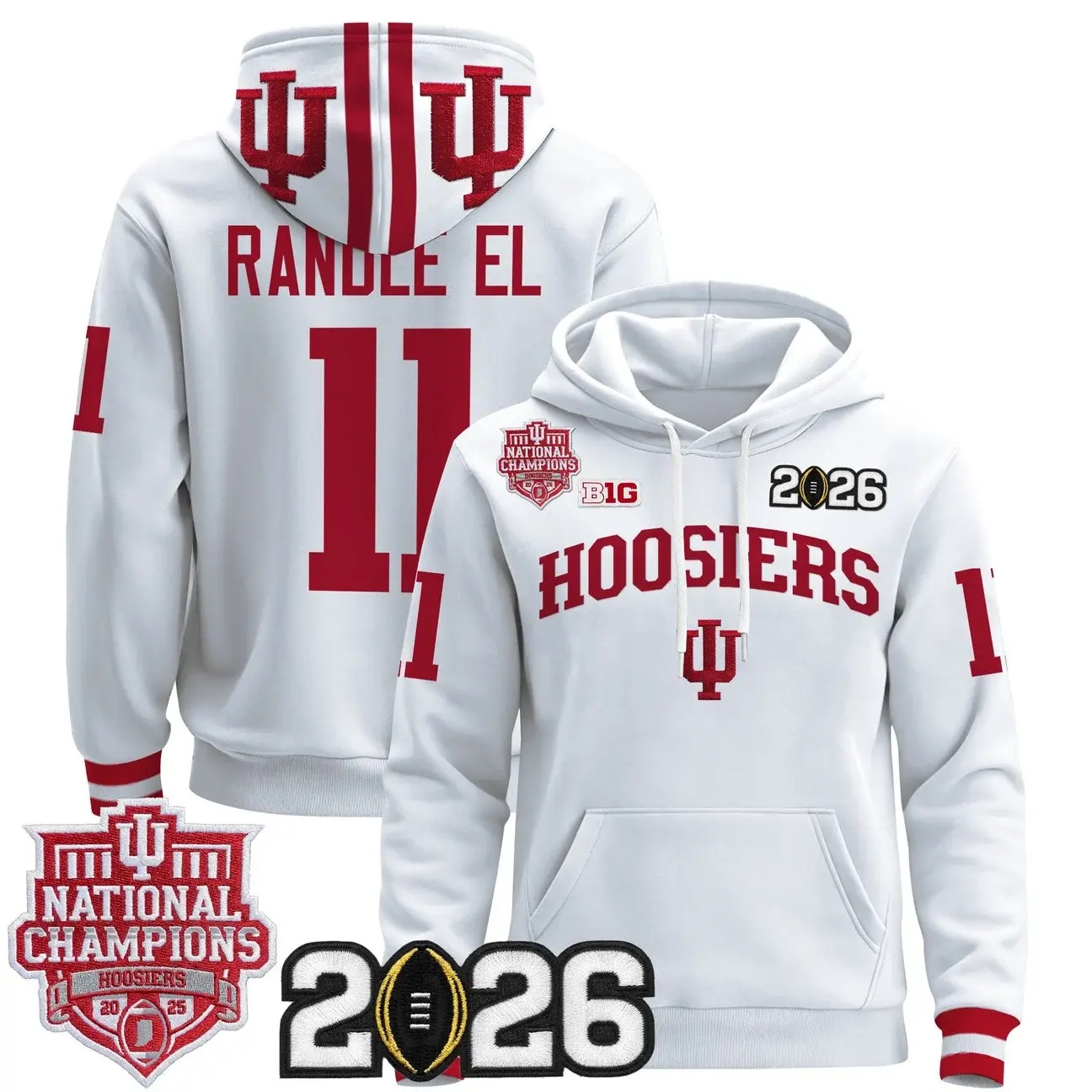 Men's Indiana Hoosiers 2025 National Champions & 2026 CFP Final Patch Premium Pullover Hoodie WHITE #11 RANDLE EL