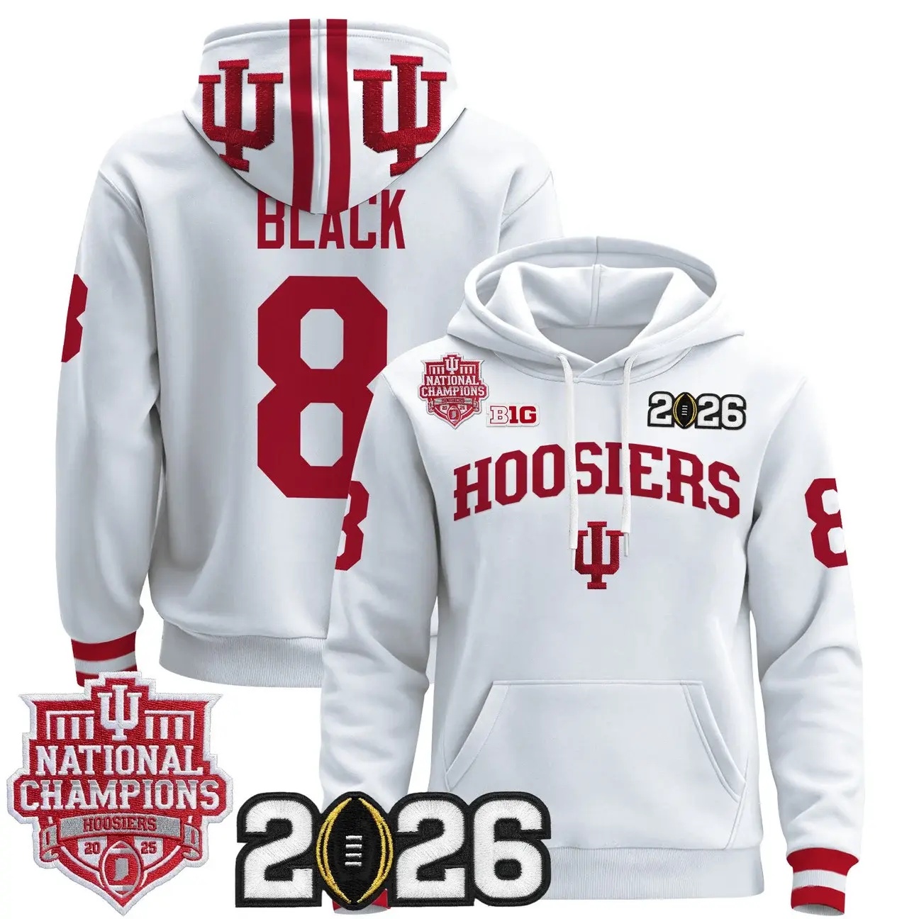 Men's Indiana Hoosiers 2025 National Champions & 2026 CFP Final Patch Premium Pullover Hoodie WHITE #8 KAELON THOMPSON