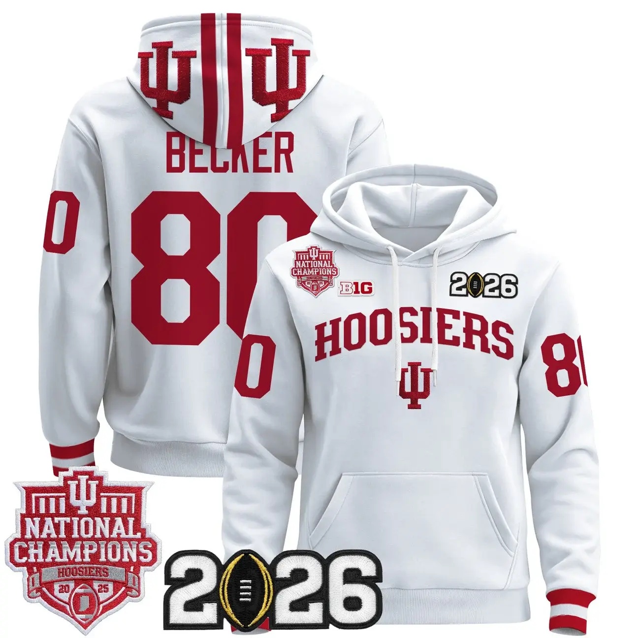 Men's Indiana Hoosiers 2025 National Champions & 2026 CFP Final Patch Premium Pullover Hoodie WHITE #80 CHARLIE BECKER