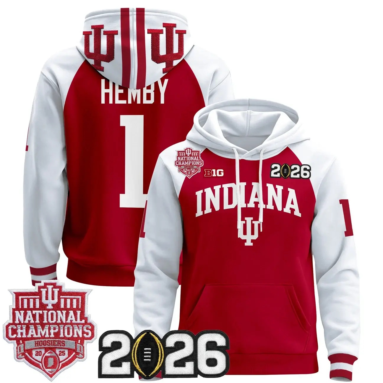 Men's Indiana Hoosiers 2025 National Champions & 2026 CFP Final Patch Premium Pullover Hoodie WHITE &RED #1 ROMAN HEMBY