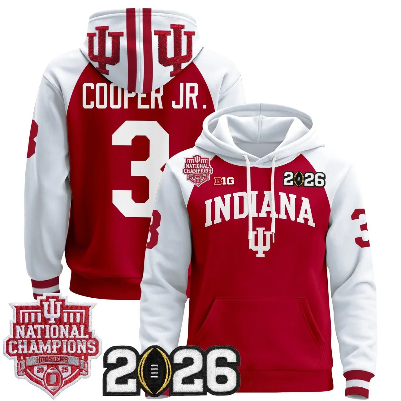 Men's Indiana Hoosiers 2025 National Champions & 2026 CFP Final Patch Premium Pullover Hoodie WHITE &RED #3 OMAR COOPER JR.