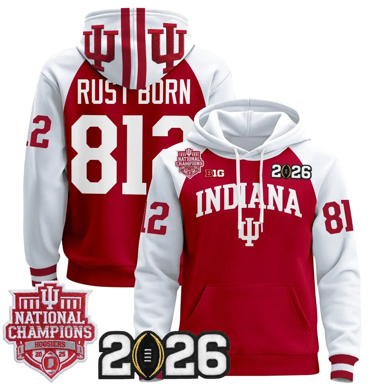 Men's Indiana Hoosiers 2025 National Champions & 2026 CFP Final Patch Premium Pullover Hoodie WHITE &RED #812 RUST BORN