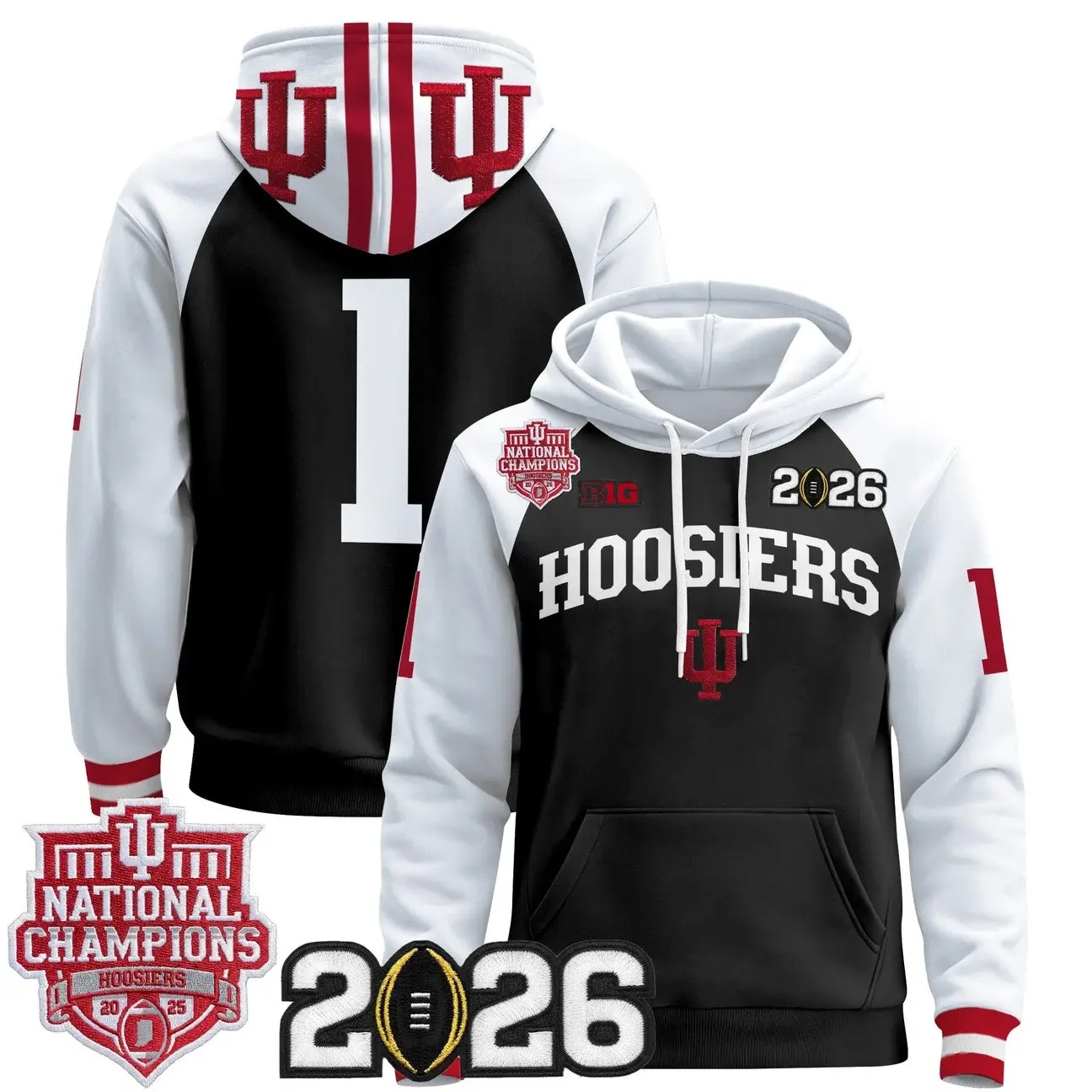 Men's Indiana Hoosiers 2025 National Champions & 2026 CFP Final Patch Premium Pullover Hoodie WHITE&BLACK #1