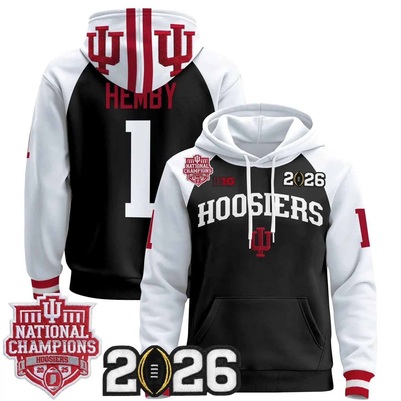 Men's Indiana Hoosiers 2025 National Champions & 2026 CFP Final Patch Premium Pullover Hoodie WHITE&BLACK #1 ROMAN HEMBY