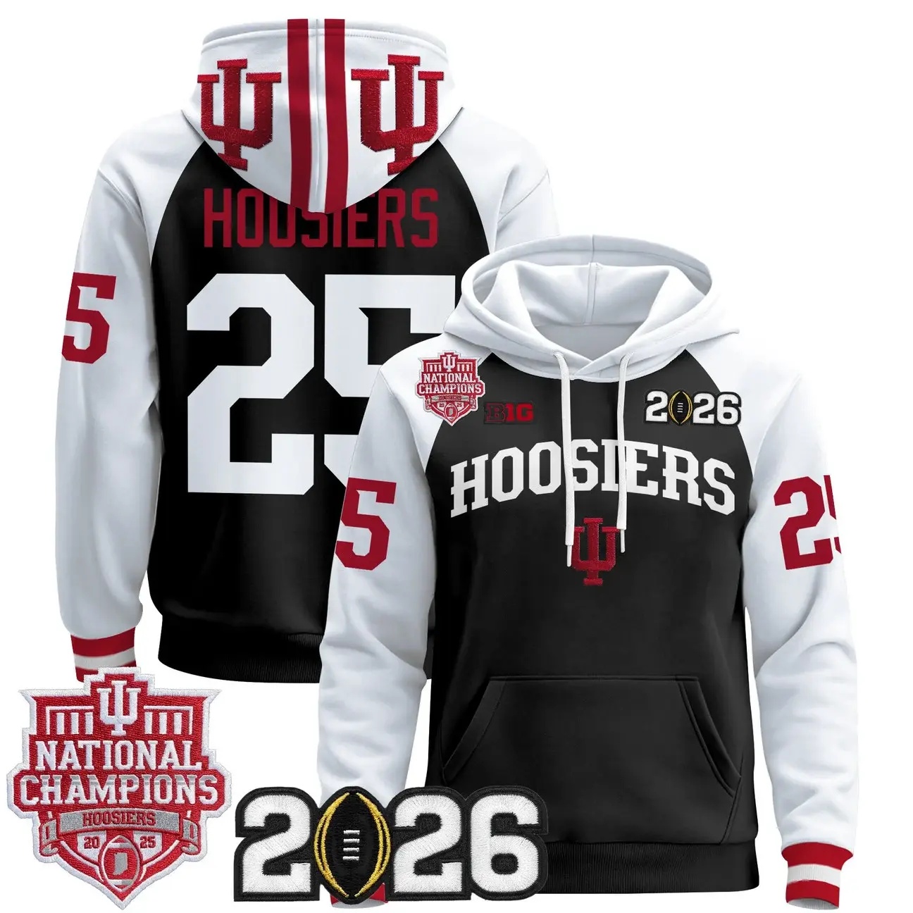 Men's Indiana Hoosiers 2025 National Champions & 2026 CFP Final Patch Premium Pullover Hoodie WHITE&BLACK #25 HOOSIERS