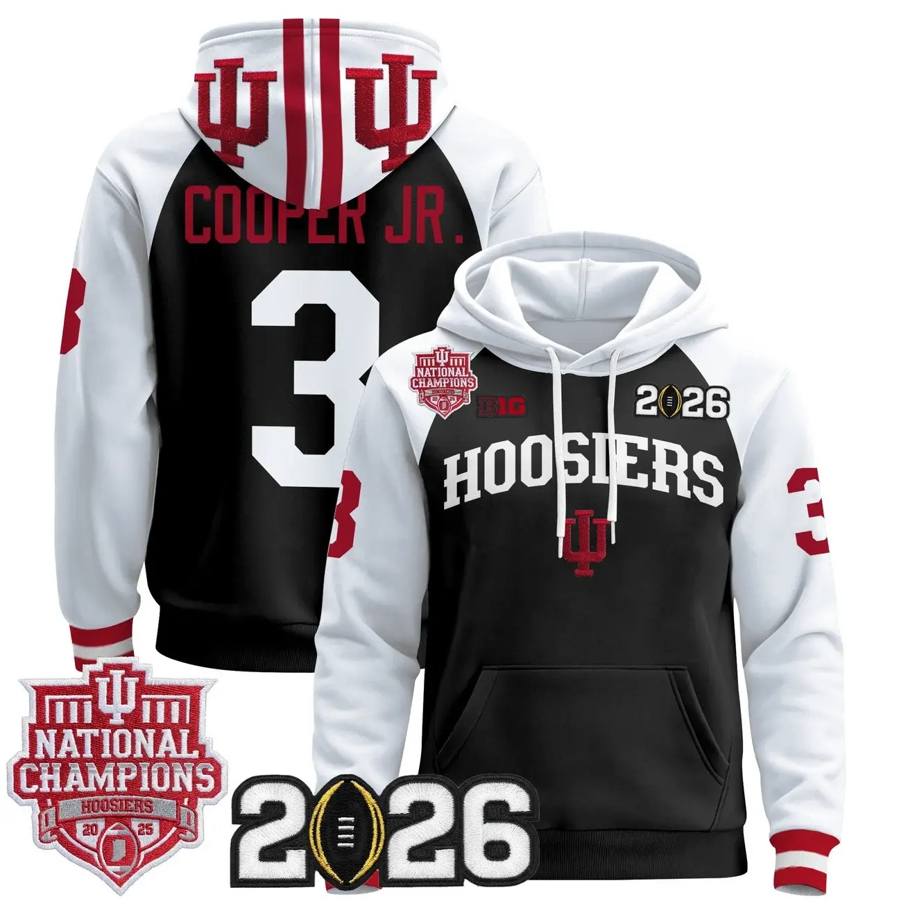 Men's Indiana Hoosiers 2025 National Champions & 2026 CFP Final Patch Premium Pullover Hoodie WHITE&BLACK #3 OMAR COOPER JR.