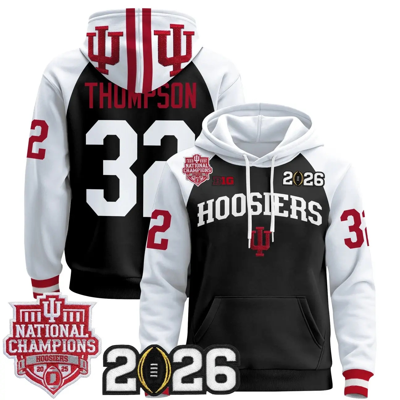 Men's Indiana Hoosiers 2025 National Champions & 2026 CFP Final Patch Premium Pullover Hoodie WHITE&BLACK #32 ANTHONY THOMPSON
