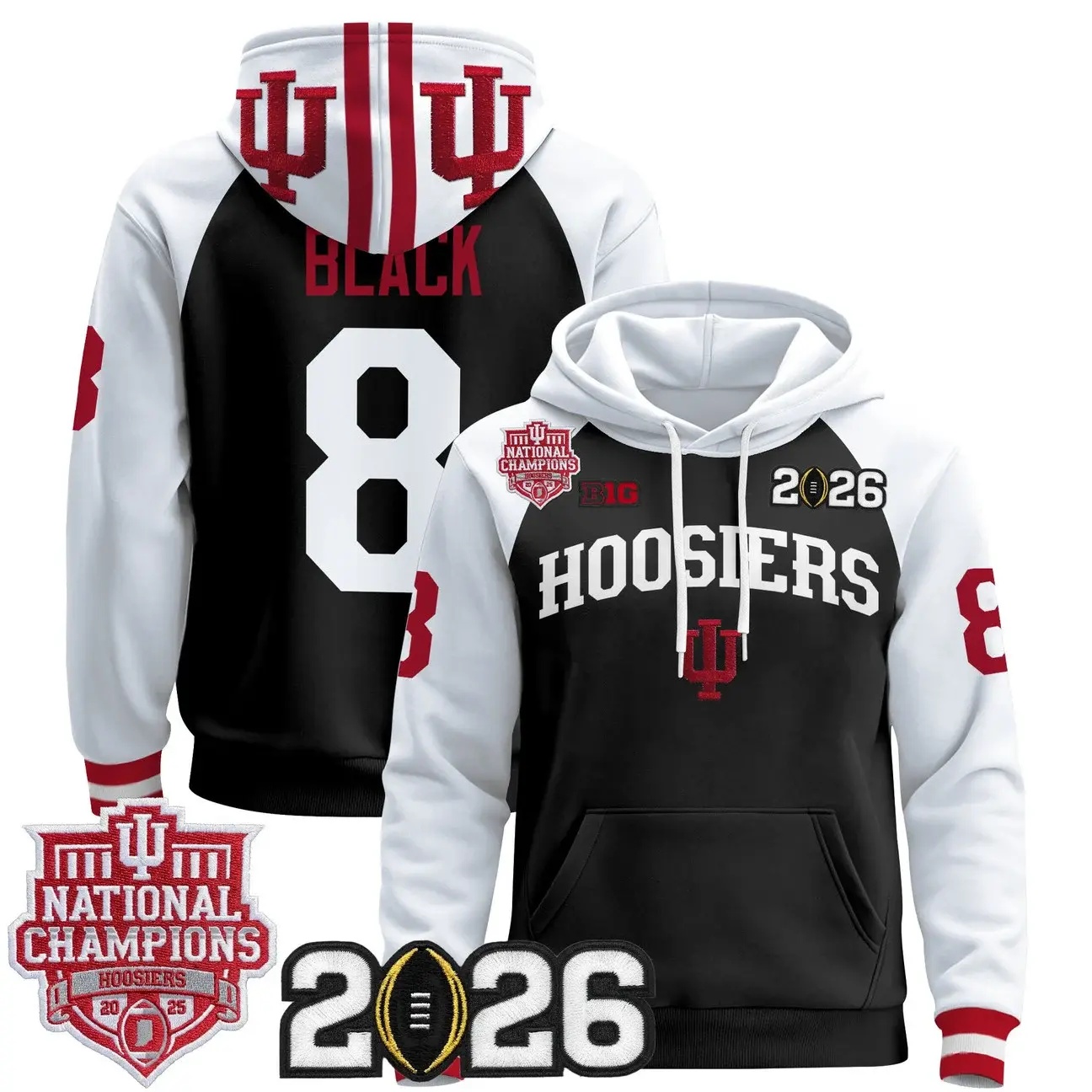 Men's Indiana Hoosiers 2025 National Champions & 2026 CFP Final Patch Premium Pullover Hoodie WHITE&BLACK #8 KAELON BLACK