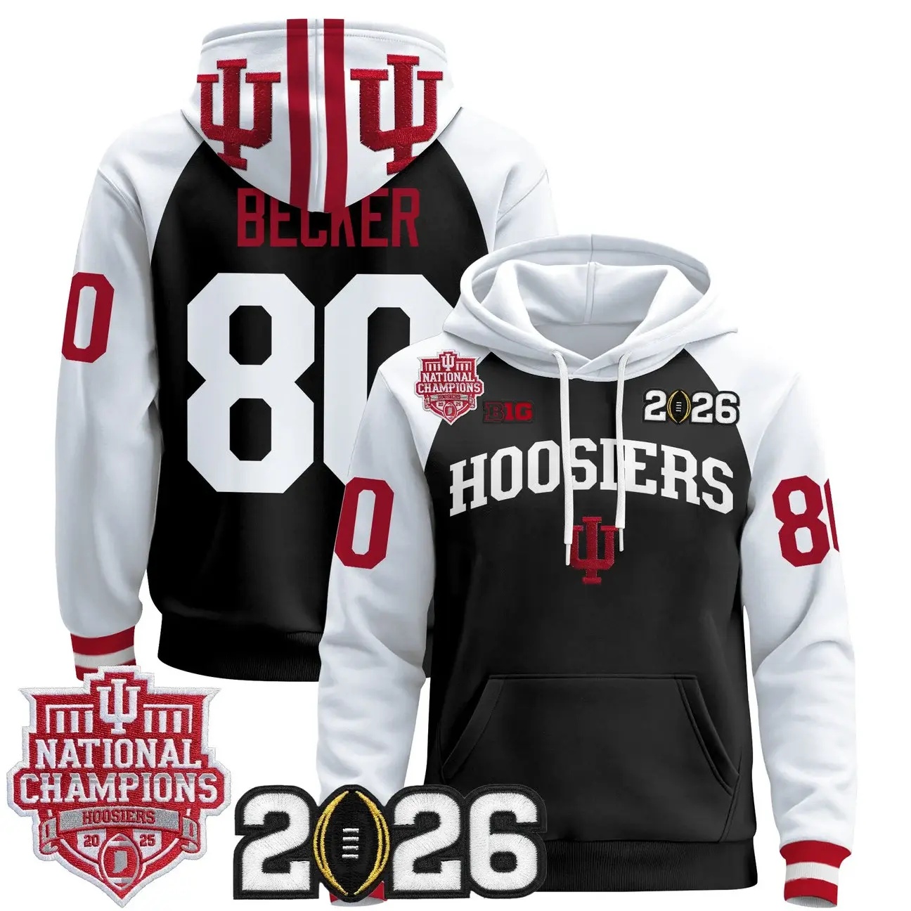 Men's Indiana Hoosiers 2025 National Champions & 2026 CFP Final Patch Premium Pullover Hoodie WHITE&BLACK #80 CHARLIE BECKER