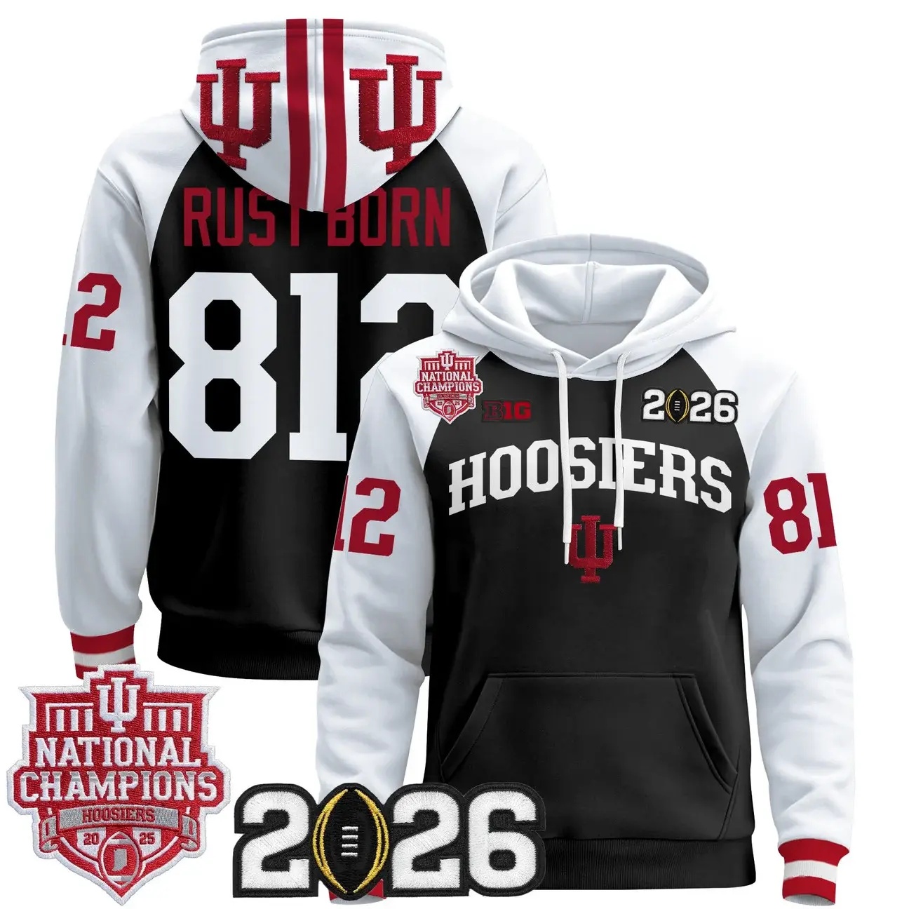 Men's Indiana Hoosiers 2025 National Champions & 2026 CFP Final Patch Premium Pullover Hoodie WHITE&BLACK #812 RUST BORN