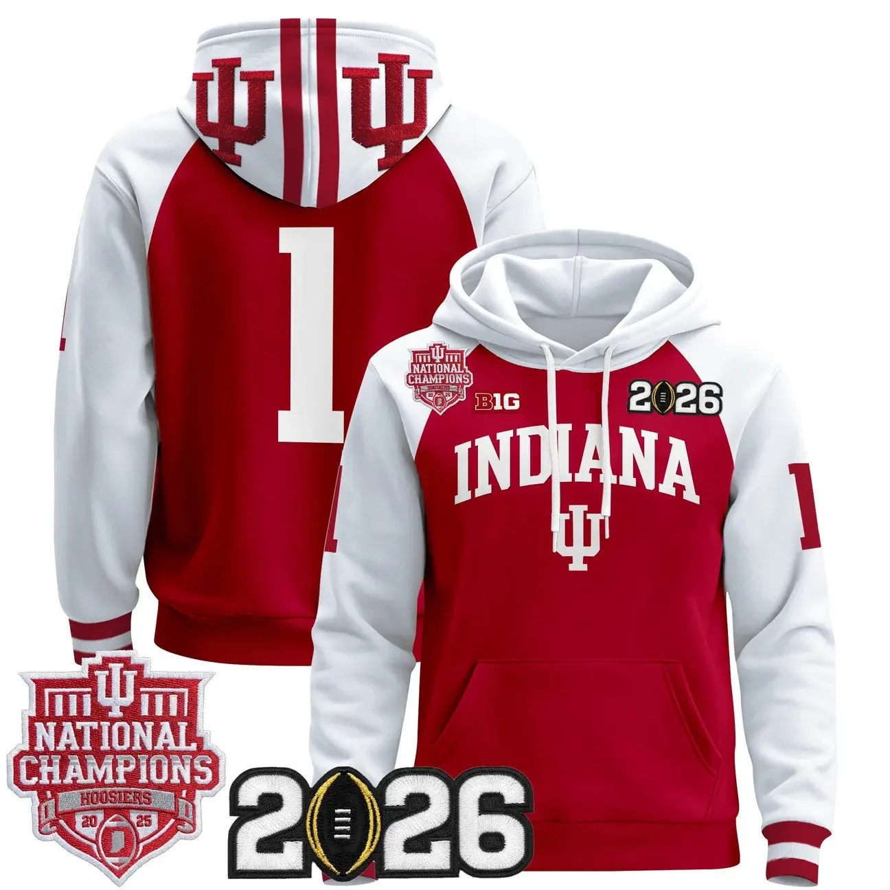 Men's Indiana Hoosiers 2025 National Champions & 2026 CFP Final Patch Premium Pullover Hoodie WHITE&RED #1