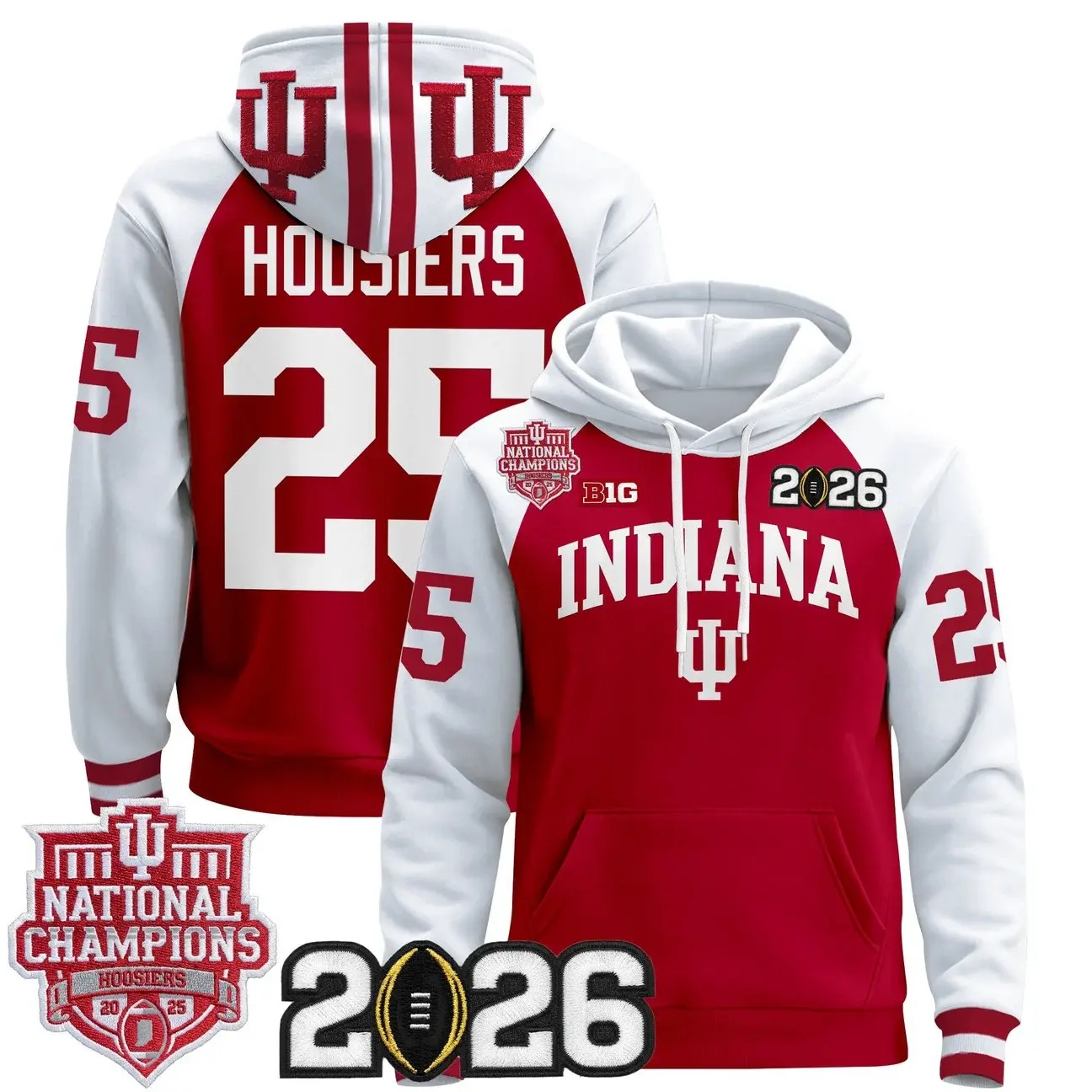 Men's Indiana Hoosiers 2025 National Champions & 2026 CFP Final Patch Premium Pullover Hoodie WHITE&RED #25 HOOSIERS
