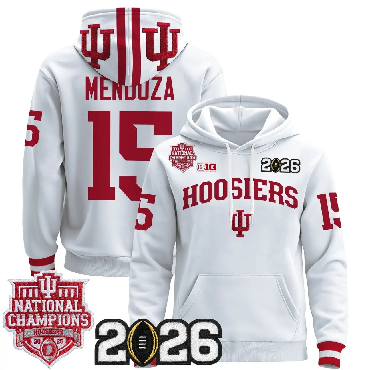 Men's Indiana Hoosiers 2025 National Champions & 2026 CFP Final Patch Premium Pullover Hoodie white #15 Fernando Mendoza
