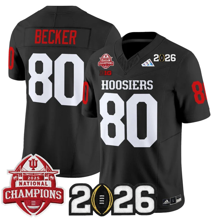 Men's Indiana Hoosiers 2025 National Champions & 2026 CFP Final Patch Vapor Limited Jersey V2 BLACK#80 CHARLIE BECKER