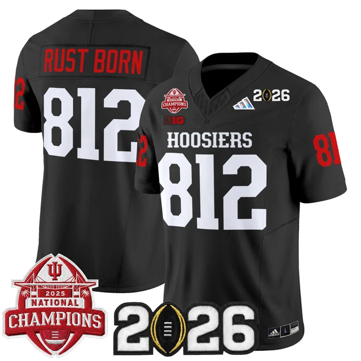 Men's Indiana Hoosiers 2025 National Champions & 2026 CFP Final Patch Vapor Limited Jersey V2 BLACK#812 RUST BORN
