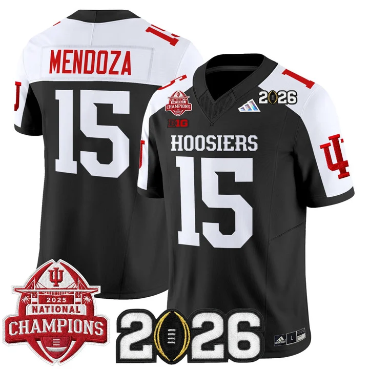 Men's Indiana Hoosiers 2025 National Champions & 2026 CFP Final Patch Vapor Limited Jersey V2 BLACK ALTERNATE#15 FERNANDO MENDOZA