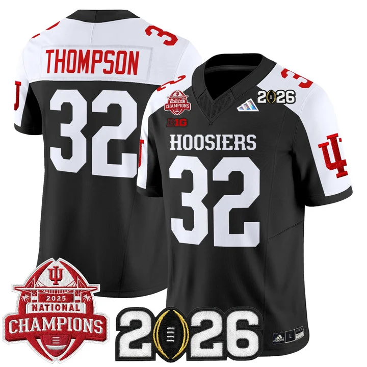 Men's Indiana Hoosiers 2025 National Champions & 2026 CFP Final Patch Vapor Limited Jersey V2 BLACK ALTERNATE#32 ANTHONY THOMPSON
