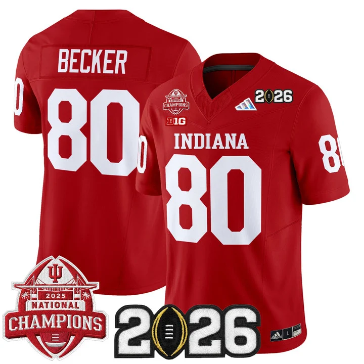 Men's Indiana Hoosiers 2025 National Champions & 2026 CFP Final Patch Vapor Limited Jersey V2 CRIMSON#80  CHARLIE BECKER