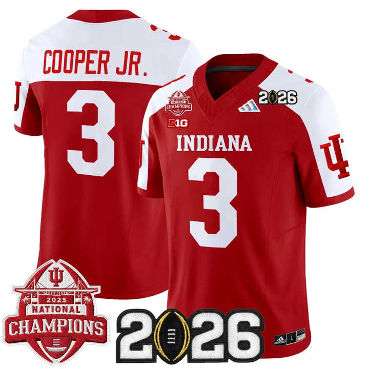 Men's Indiana Hoosiers 2025 National Champions & 2026 CFP Final Patch Vapor Limited Jersey V2 CRIMSON ALTERNATE#3 OMAR COOPER JR.