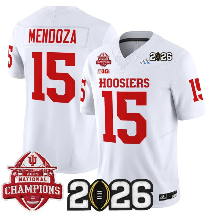 Men's Indiana Hoosiers 2025 National Champions & 2026 CFP Final Patch Vapor Limited Jersey V2 WHITE#15 FERNANDO MENDOZA