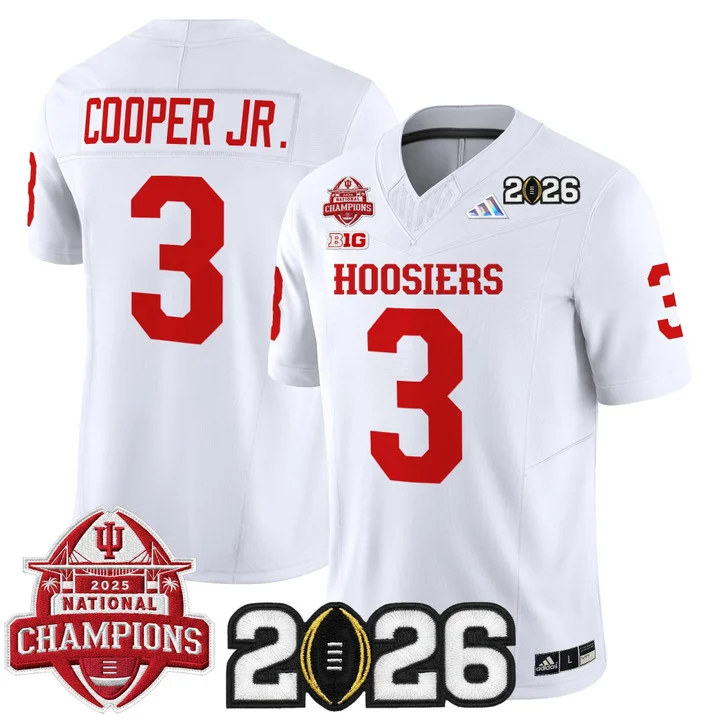 Men's Indiana Hoosiers 2025 National Champions & 2026 CFP Final Patch Vapor Limited Jersey V2 WHITE#3 OMAR COOPER JR.