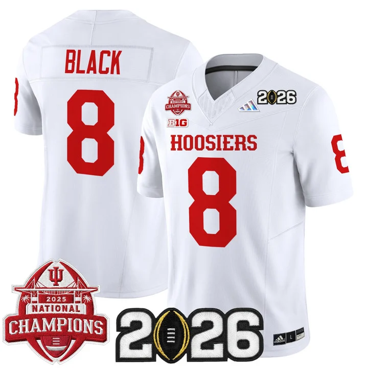 Men's Indiana Hoosiers 2025 National Champions & 2026 CFP Final Patch Vapor Limited Jersey V2 WHITE#8 KAELON BLACK