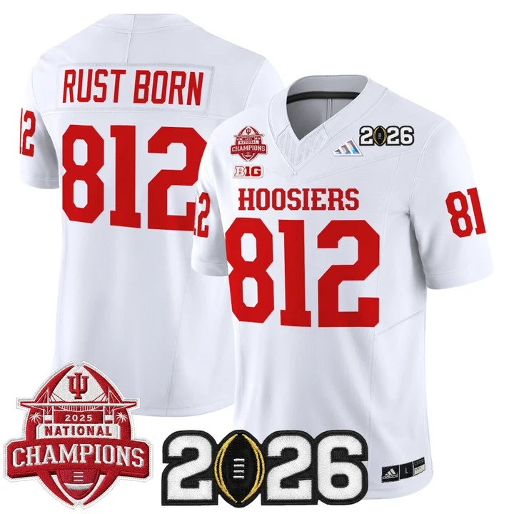 Men's Indiana Hoosiers 2025 National Champions & 2026 CFP Final Patch Vapor Limited Jersey V2 WHITE#812 RUST BORN