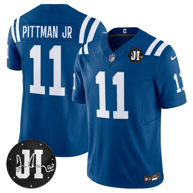 Men's Indianapolis Colts #11 Michael Pittman Jr. Blue 2025 F.U.S.E. Jim Irsay Patch Vapor Limited Football Stitched Jersey