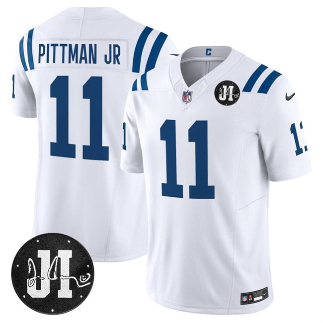 Men's Indianapolis Colts #11 Michael Pittman Jr. White 2025 F.U.S.E. Jim Irsay Patch Vapor Limited Football Stitched Jersey