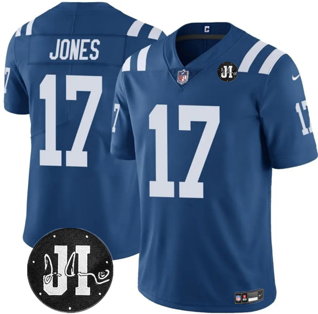 Men's Indianapolis Colts #17 Daniel Jones Blue Jim Irsay Patch Vapor Limited Football Stitched Jersey
