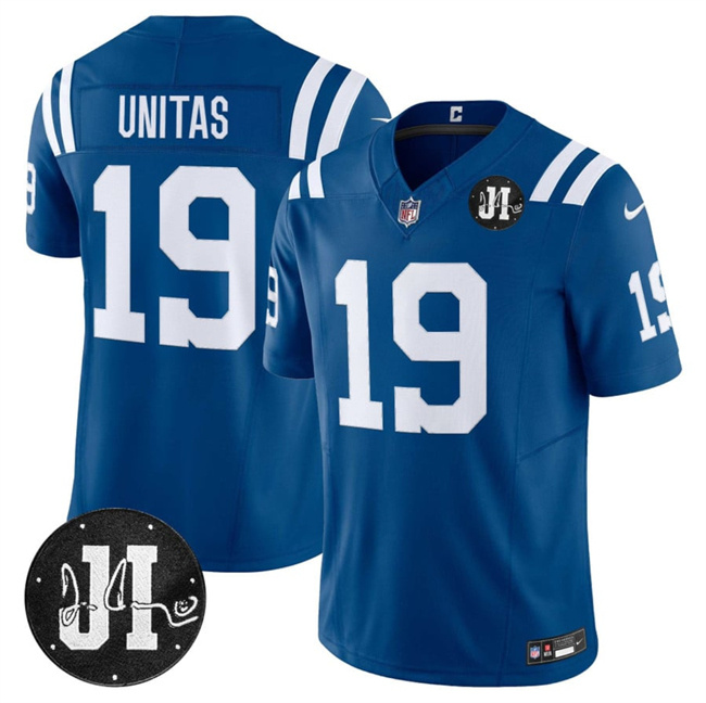 Men's Indianapolis Colts #19 Johnny Unitas Blue 2025 F.U.S.E. Jim Irsay Patch Vapor Limited Football Stitched Jersey