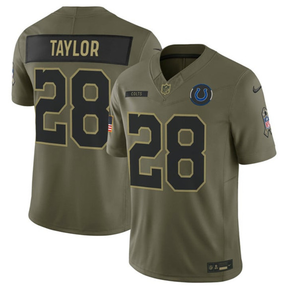 Men's Indianapolis Colts #28 Jonathan Taylor Olive 2025 Salute to Service Limited Football Stitched Jersey