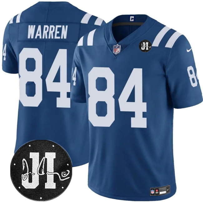 Men's Indianapolis Colts #84 Tyler Warren Blue Jim Irsay Patch Vapor Limited Football Stitched Jersey