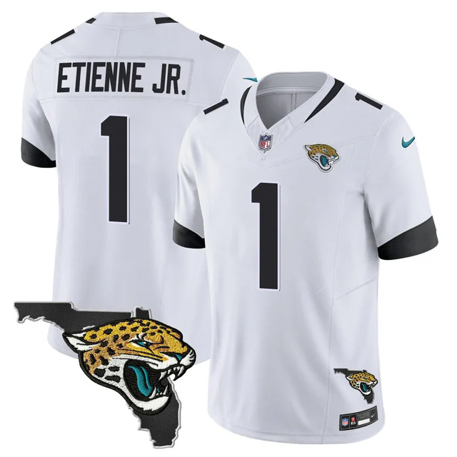 Men's Jacksonville Jaguars Florida Patch Vapor Jersey WHITE #1 TRAVIS ETIENNE JR..webp