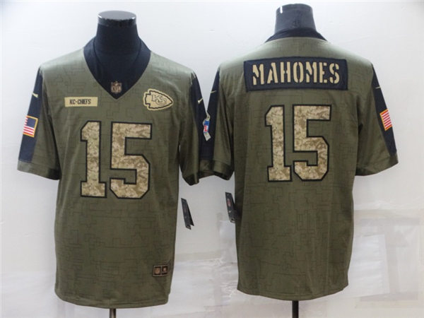 Men's Kansas City Chiefs #15 Patrick Mahomes Nike 2021 Olive Camo Number Salute To Service Limited Jersey