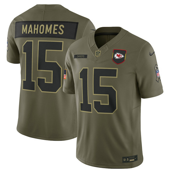 Men's Kansas City Chiefs #15 Patrick Mahomes Olive 2025 Salute to Service Limited Football Stitched Jersey