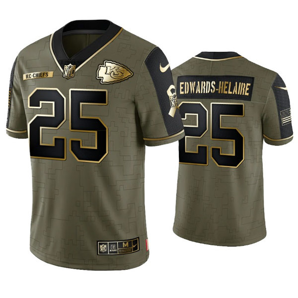 Men's Kansas City Chiefs #25 Clyde Edwards-Helaire Nike 2021 Olive Golden Salute To Service Limited Jersey