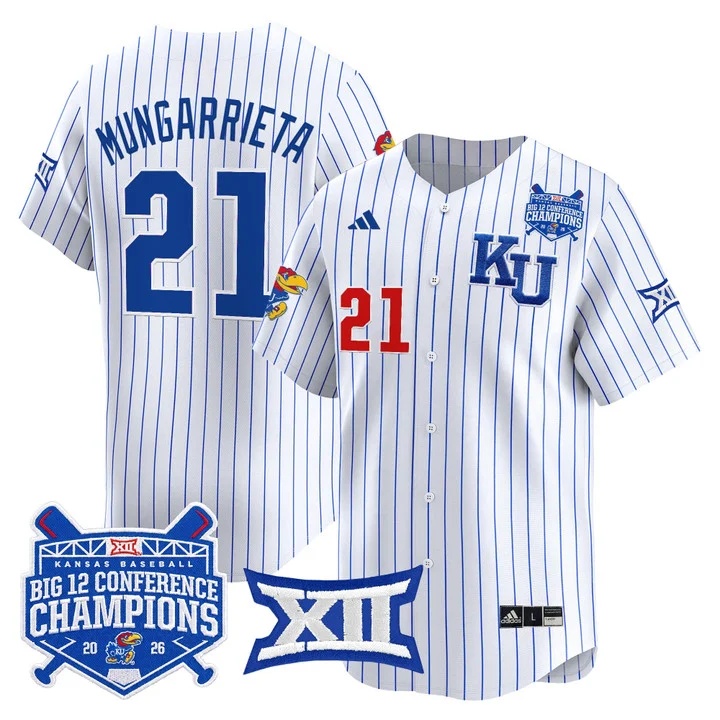Men's Kansas Jayhawks Baseball Big 12 Conference Champions 2026 Vapor Premier Limited Jersey PINSTRIPE#21 AUGUSTO MUNGARRIETA