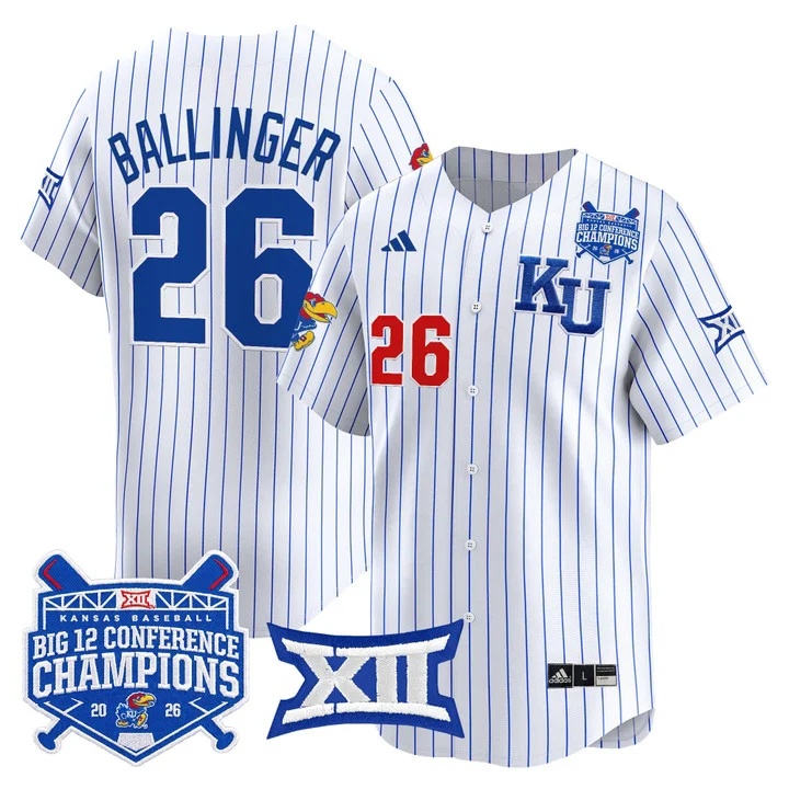 Men's Kansas Jayhawks Baseball Big 12 Conference Champions 2026 Vapor Premier Limited Jersey PINSTRIPE#26 BRADY BALLINGER
