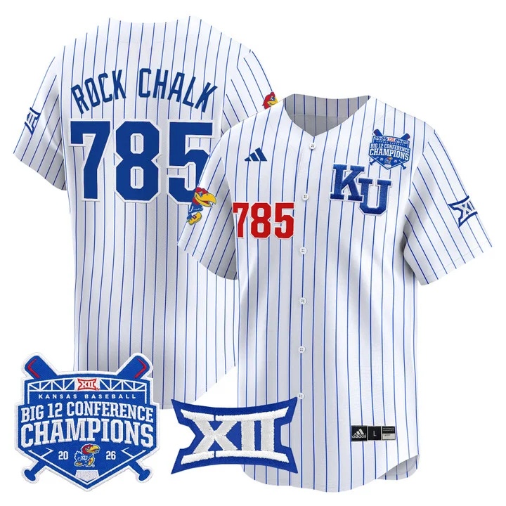Men's Kansas Jayhawks Baseball Big 12 Conference Champions 2026 Vapor Premier Limited Jersey PINSTRIPE#785 ROCK CHALK