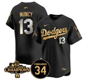 Men's LA Dodgers - World Series Champions 2024Fernando Valenzuela Memorial Jersey - All Stitched N1 BLACK GOLD 13 MAX MUNCY