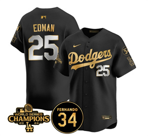 Men's LA Dodgers - World Series Champions 2024Fernando Valenzuela Memorial Jersey - All Stitched N1 BLACK GOLD 25 TOMMY EDMAN