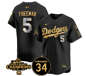Men's LA Dodgers - World Series Champions 2024Fernando Valenzuela Memorial Jersey - All Stitched N1 BLACK GOLD 5 FREDDIE FREEMAN