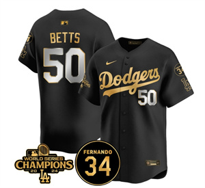 Men's LA Dodgers - World Series Champions 2024Fernando Valenzuela Memorial Jersey - All Stitched N1 BLACK GOLD 50 MOOKIE BETTS
